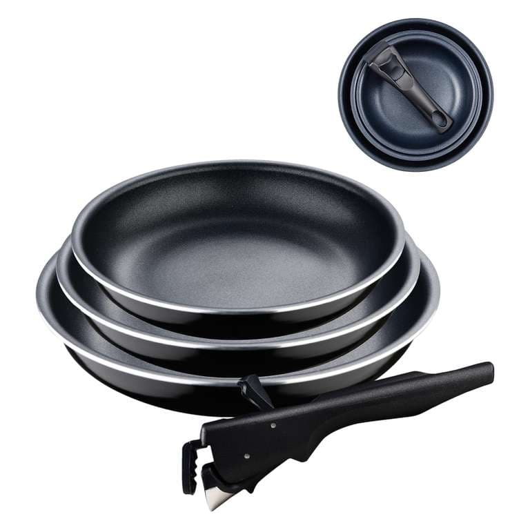 BERGNER Click&Cook Black Edition | Juego de Sartenes de 4 Piezas de 18, 20 y 24 cm + Mango Ergonómico Extraíble